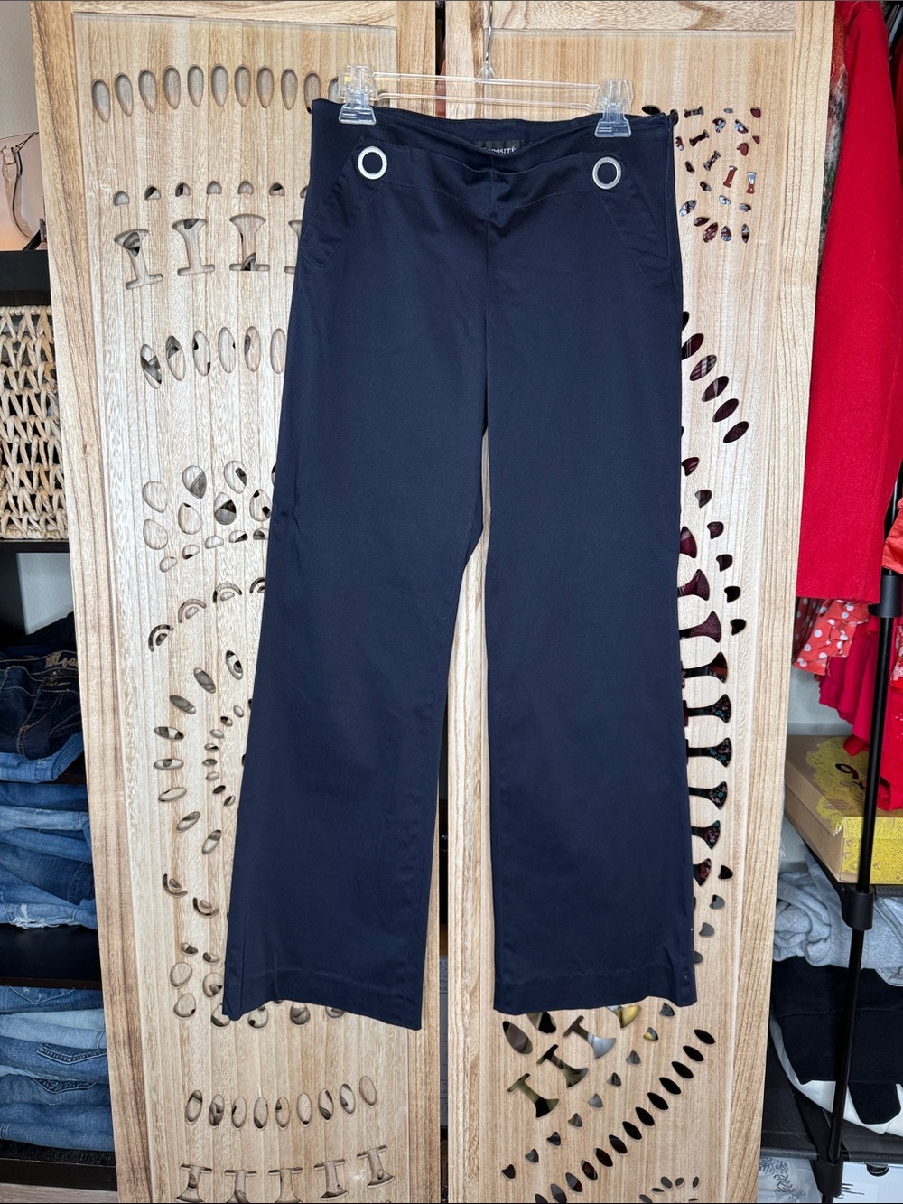 Navy Blue Wide Leg Pants with Metal Ring Details